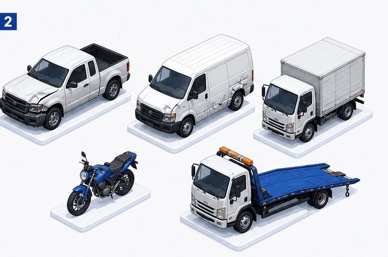 Pickup, van, camión, motocicleta y grúa — tipos de vehículo